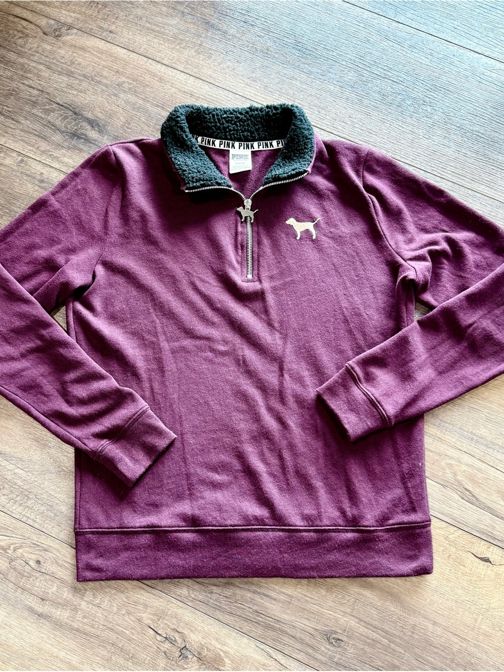 Victoria's Secret PINK Maroon Quarter-Zip Sweater with Black Sherpa Collar